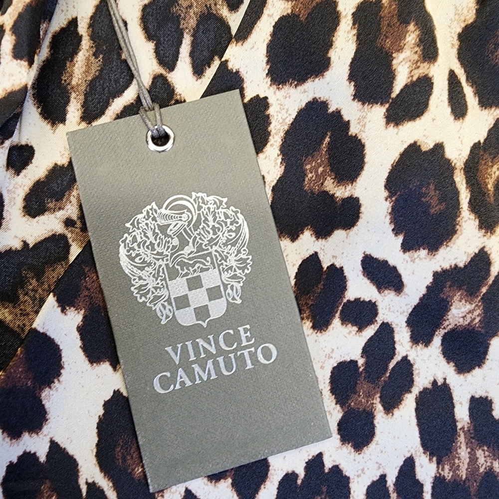 Vince Camuto Leopard Blouse NWT M Silky Tie Neck Pleated Bell Sleeve Boho - Picture 10 of 14